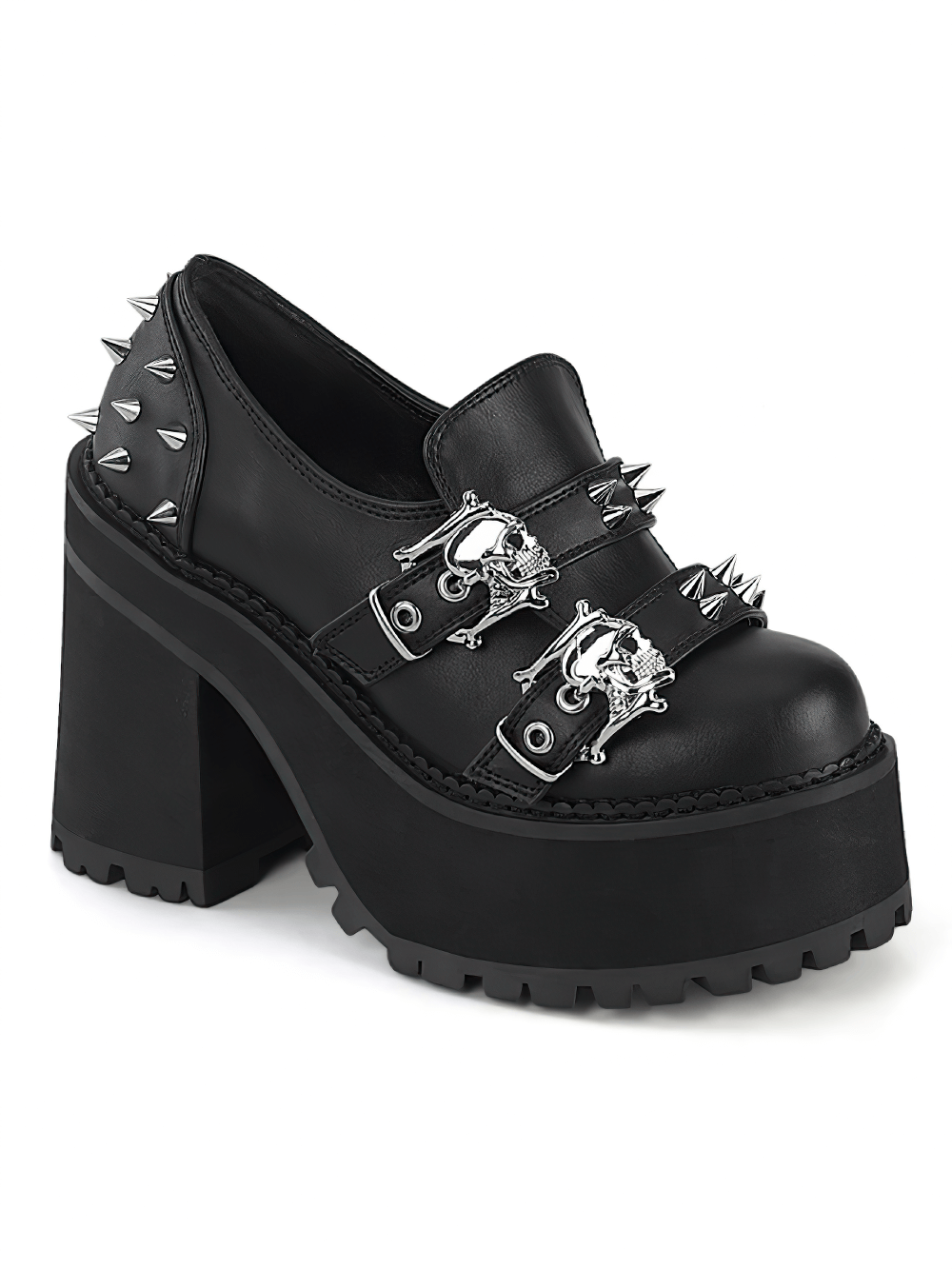 Black platform loafers with double skull buckles and spikes, featuring a bold block heel and edgy design.