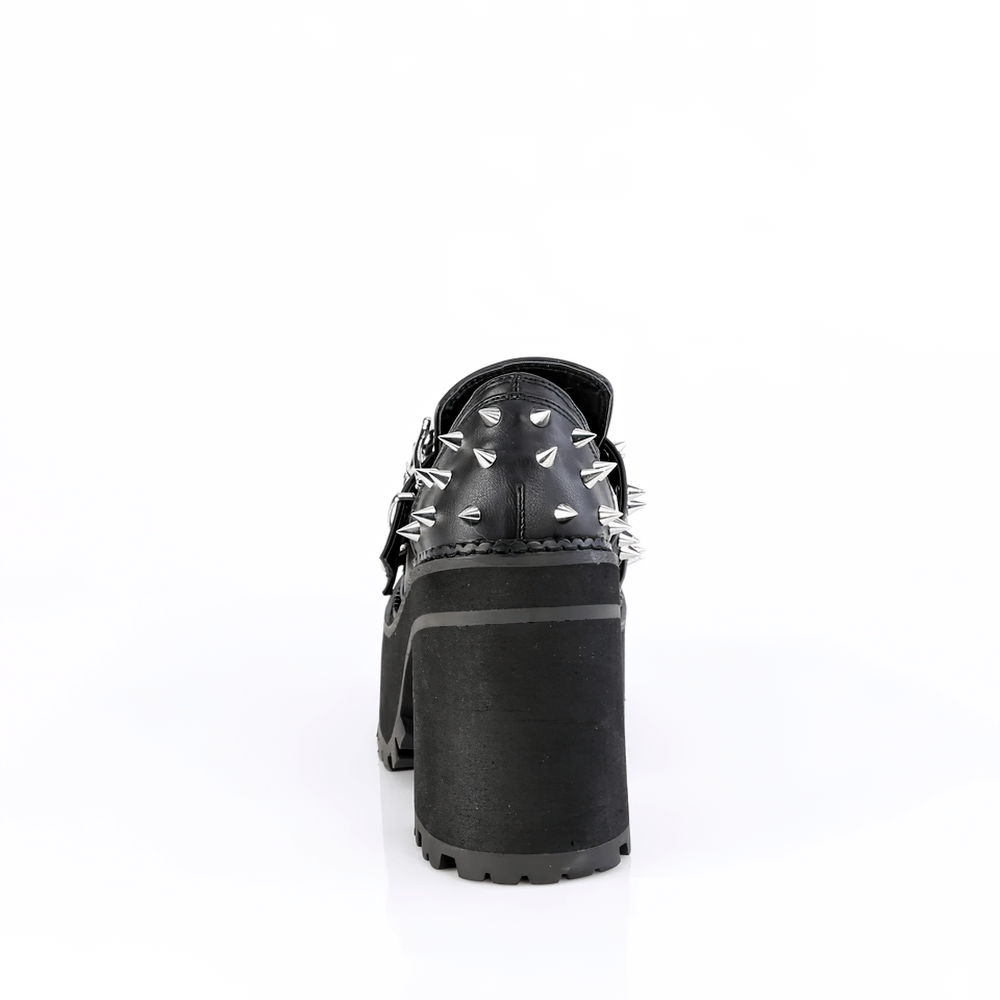 Back view of Demonia black platform loafers with cone spike studs and double skull buckles.