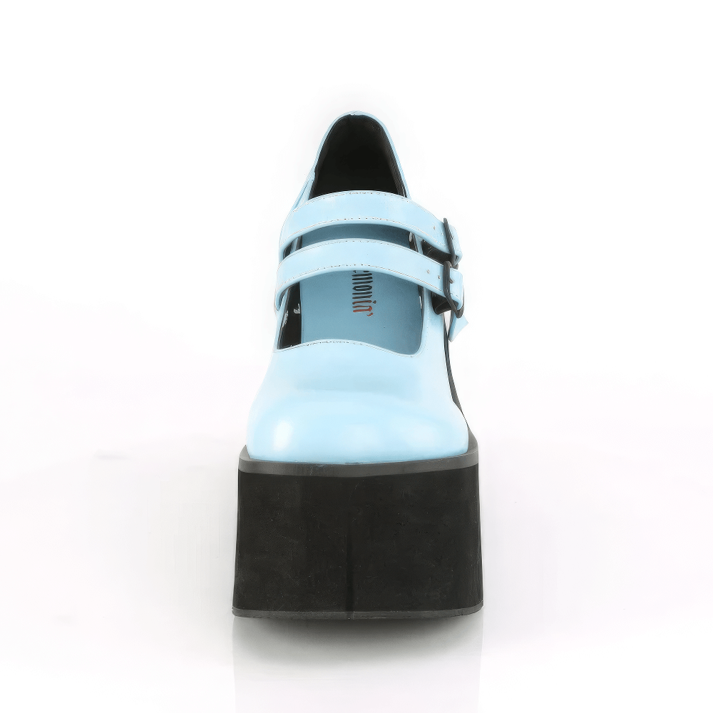 Chic pastel blue Demonia Mary Janes with double straps and bold 11.4cm platform, perfect for a standout look.