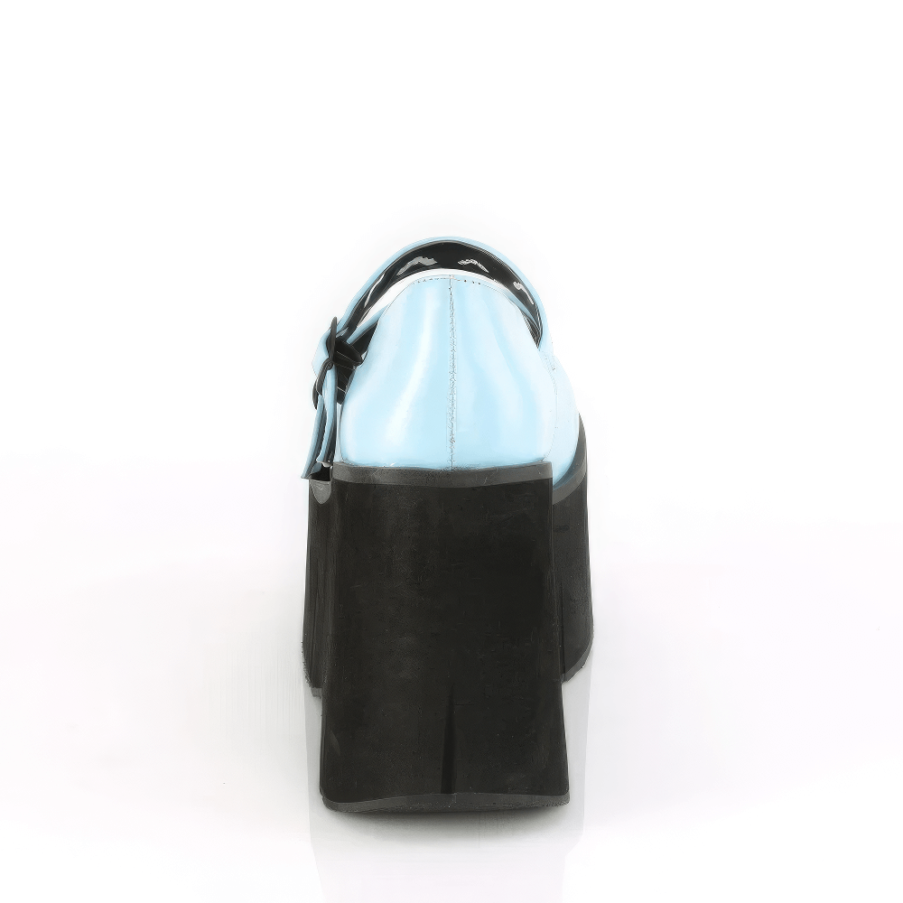 Back view of DEMONIA Blue Double-Strap Platform Mary Janes with 4.49-inch heel, blending chic pastel blue and daring design.