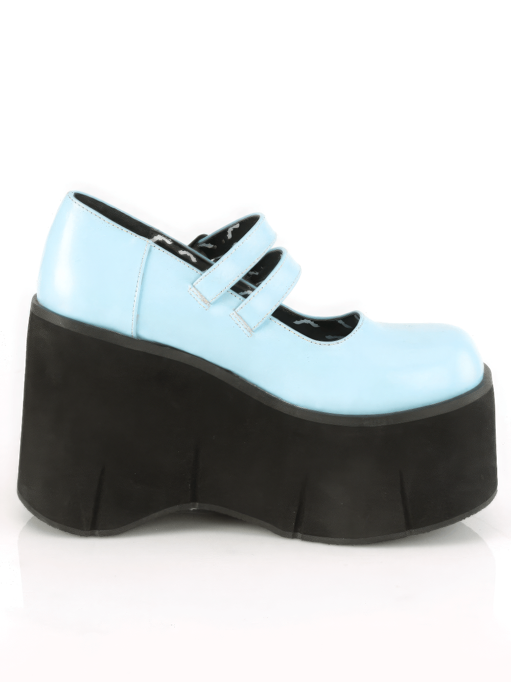 Chic pastel blue double-strap platform Mary Janes with a bold black base, perfect for a stylish statement.