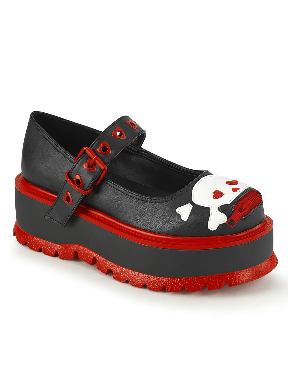 Demonia Black and Red Mary Jane platform shoes with skull detail and heart-eyelet buckle, perfect for edgy style.