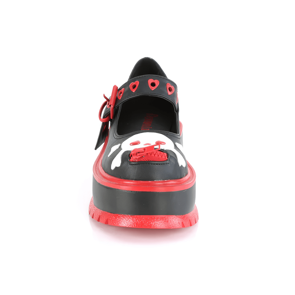 Front view of DEMONIA bold black and red Mary Jane platform shoes with heart-eyelet buckle and skull detail.