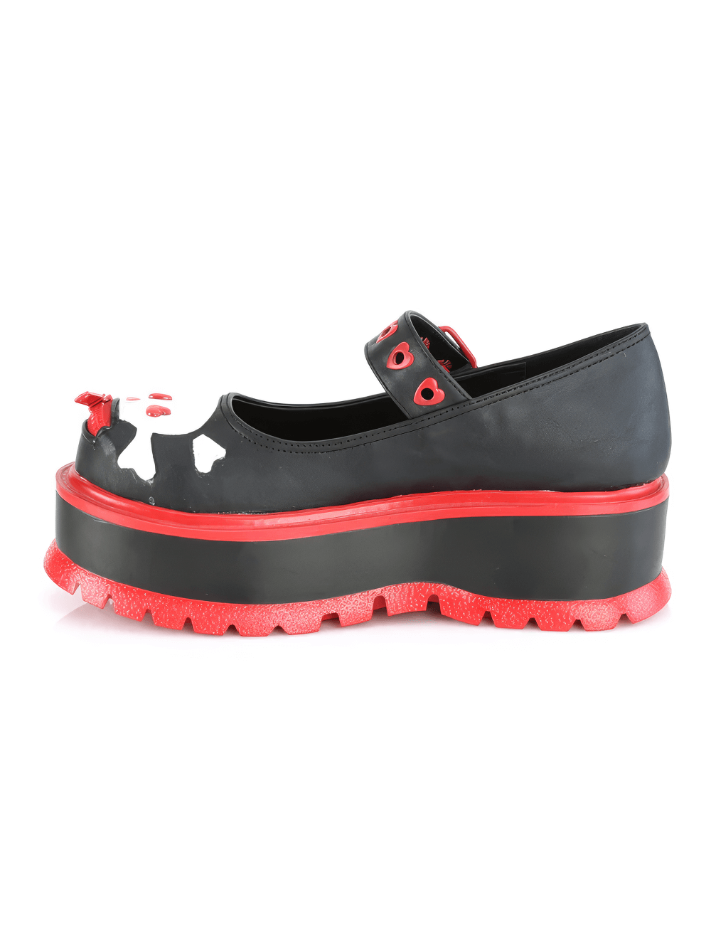 Demonia bold black and red studded Mary Jane platform shoes with heart-eyelet buckle and skull detail.