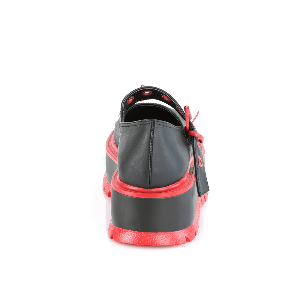 Back view of DEMONIA bold black and red Mary Jane platforms highlighting its unique design and striking color contrast.