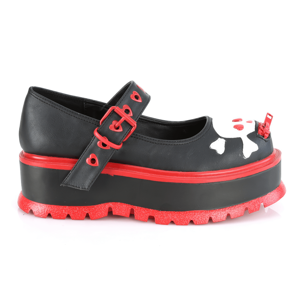 Demonia bold black and red studded Mary Jane platform shoes with heart-eyelet buckle and skull detail.