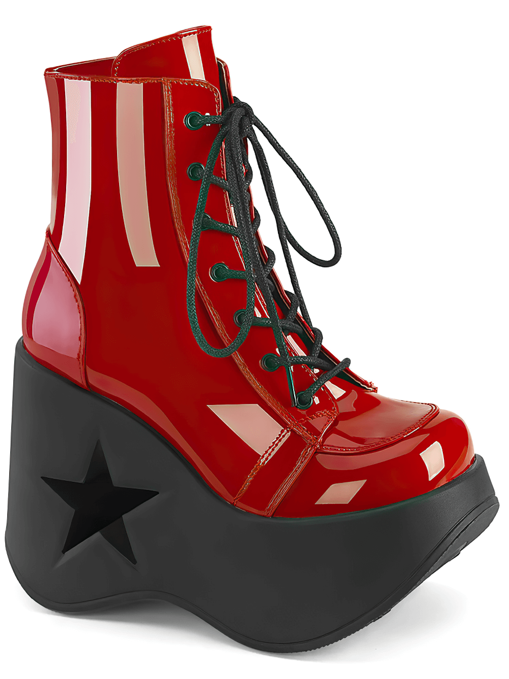 Bold red Demonia lace-up ankle boots with star platform wedge and glossy finish.
