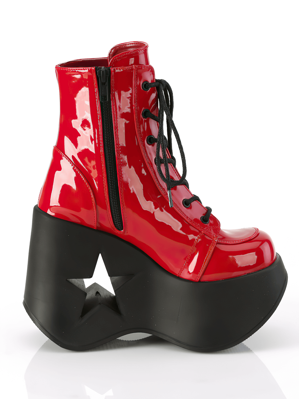 Bold red lace-up ankle boots with star cutout platform and glossy finish, perfect for a daring fashion statement.