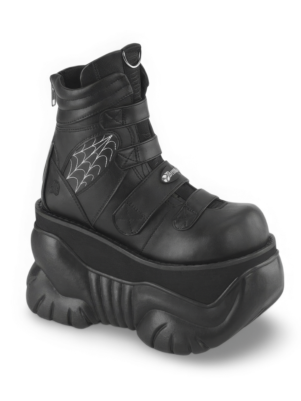 Demonia Bold Spider Web Platform Boots with ornamental straps and padded collar, crafted from vegan leather.