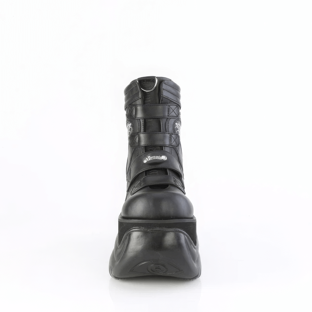Front view of DEMONIA Bold Spider Web Platform Boots with straps, featuring a black design and padded collar.