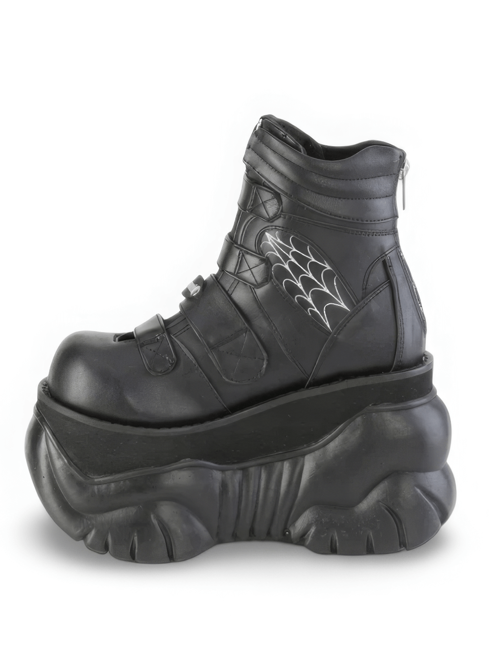 Black Demonia spider web platform boots with straps, padded collar, and metal zip for gothic style.