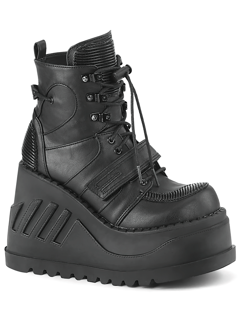 Bold vegan leather wedge ankle boots with lace-up design and unique strap details, perfect for making a statement.