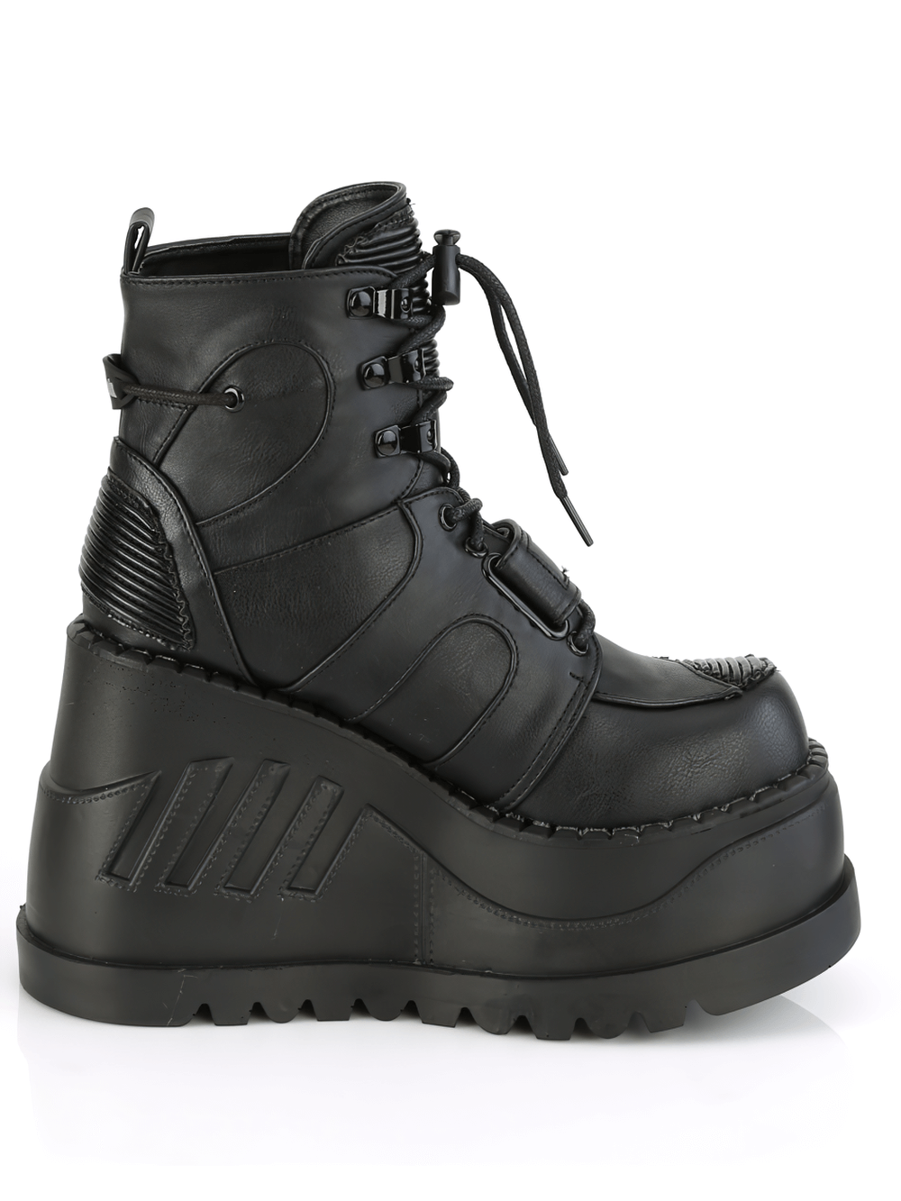 Bold Demonia black vegan leather wedge ankle boots with lace-up and straps, showcasing an edgy design and high platform.