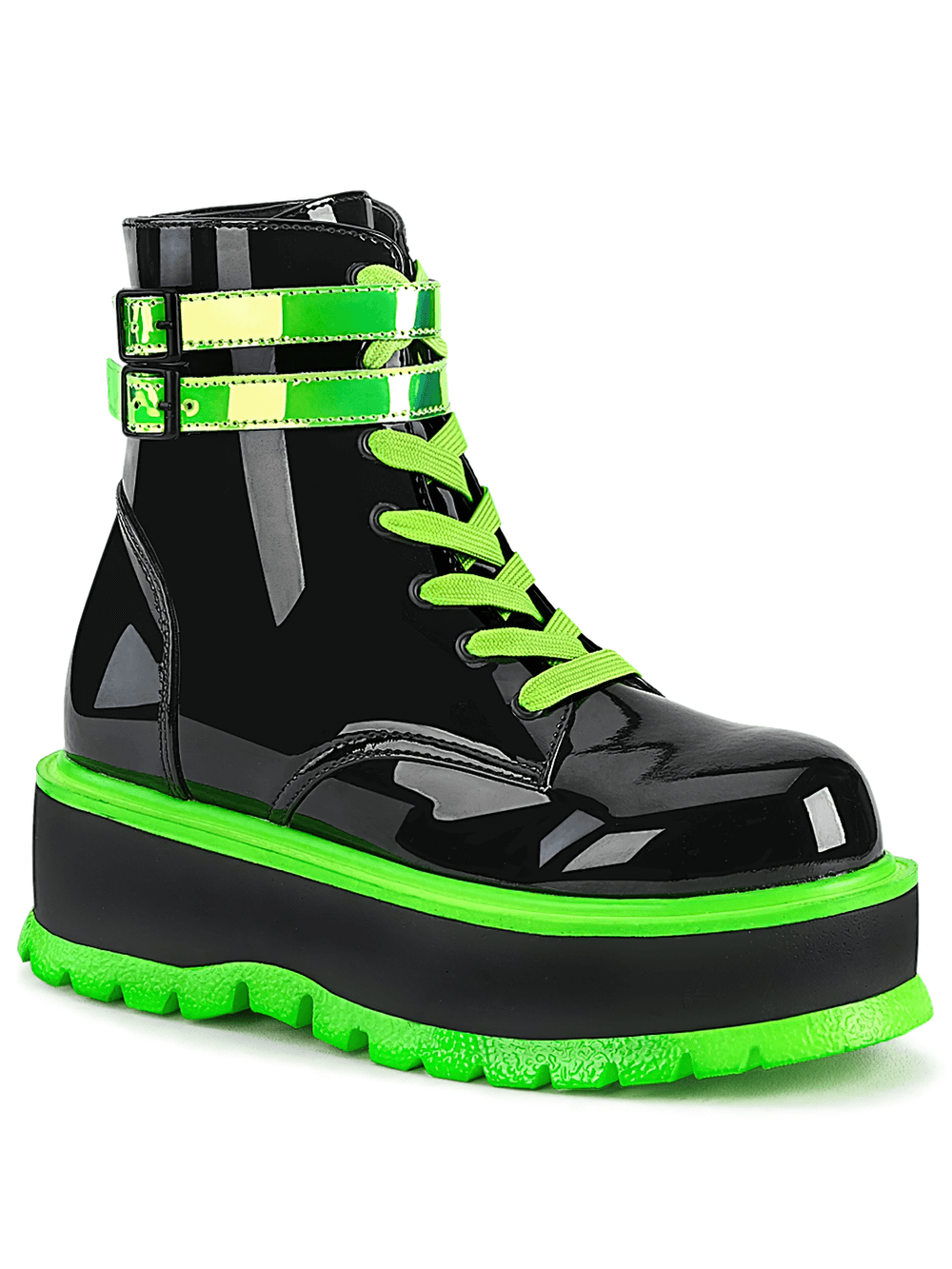 DEMONIA Bright Green Strap Platform Lace-Up Boots