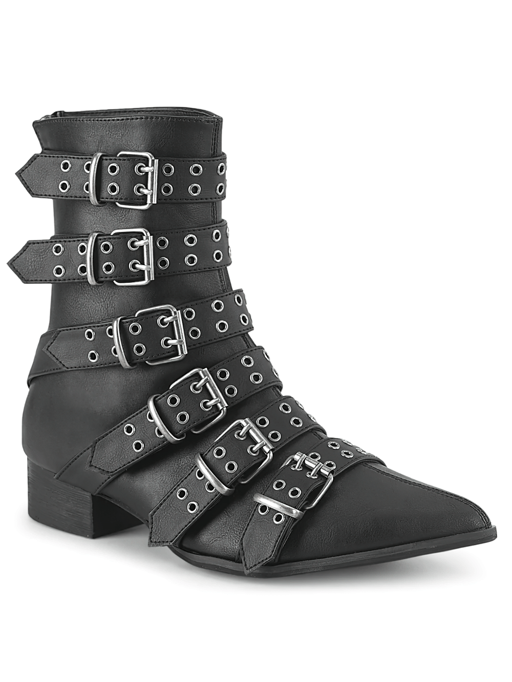 Demonia calf-high pointed toe boots with buckle straps, edgy vegan leather design and block heel for a bold look.