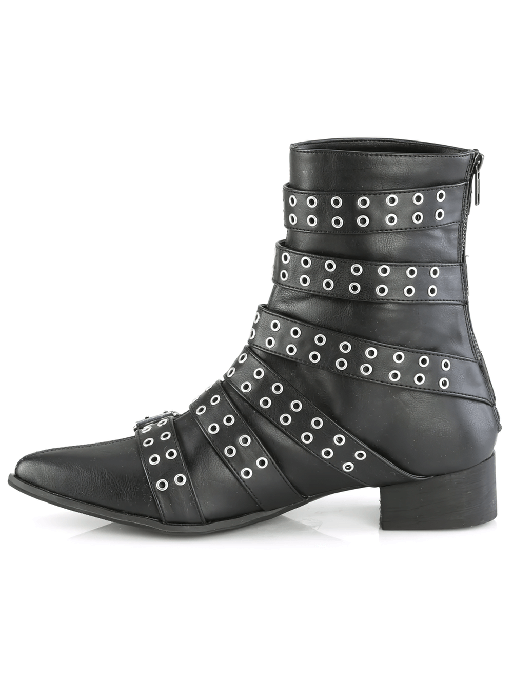 Daring black buckle strap calf-high boots with pointed toe and decorative grommet detailing.