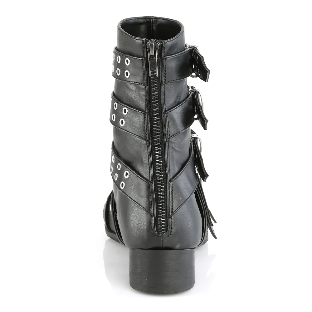 Back view of Demonia buckle strap calf-high boots in sleek black vegan leather with double grommet buckles and zip closure.