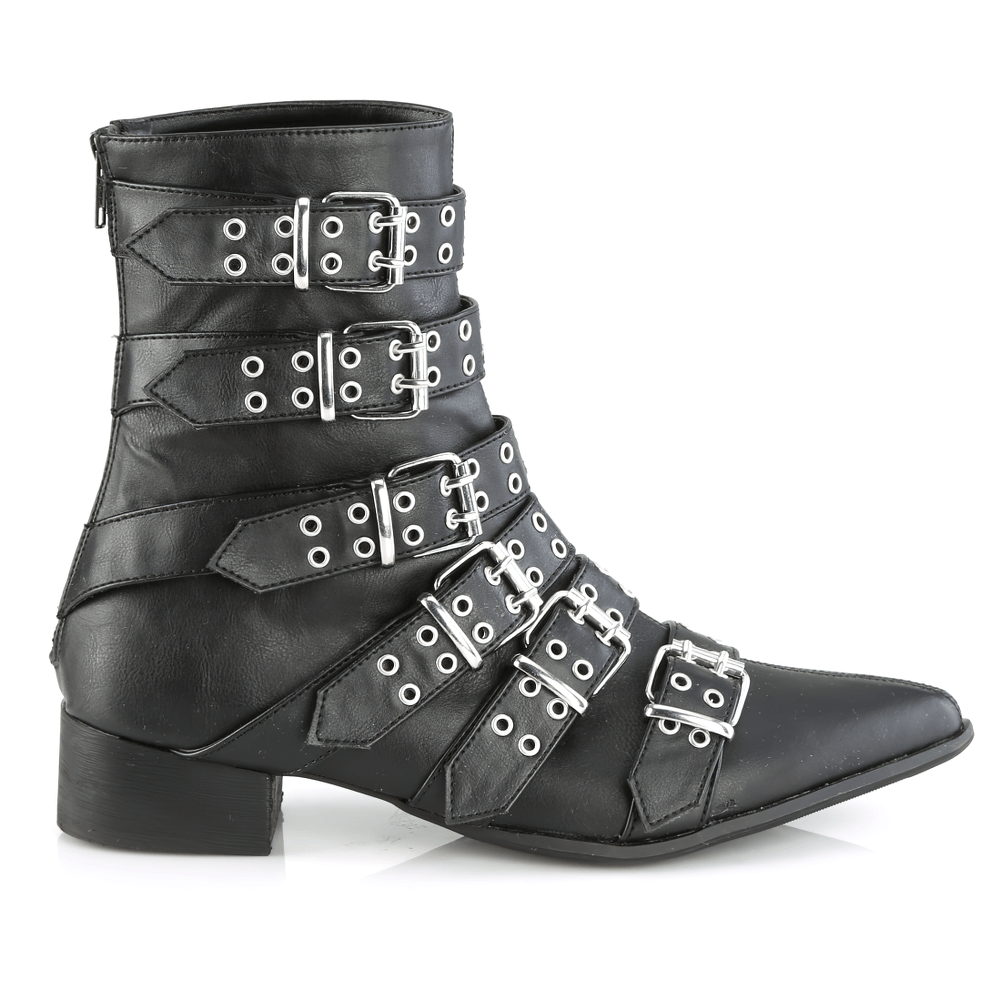 DEMONIA Buckle Strap Pointed Toe Calf-High Boots