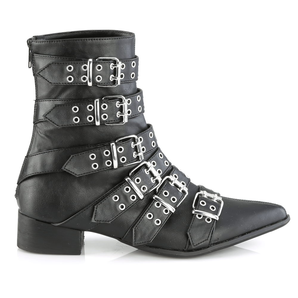 Daring black vegan leather calf-high boots with double grommet buckle straps and pointed toe.