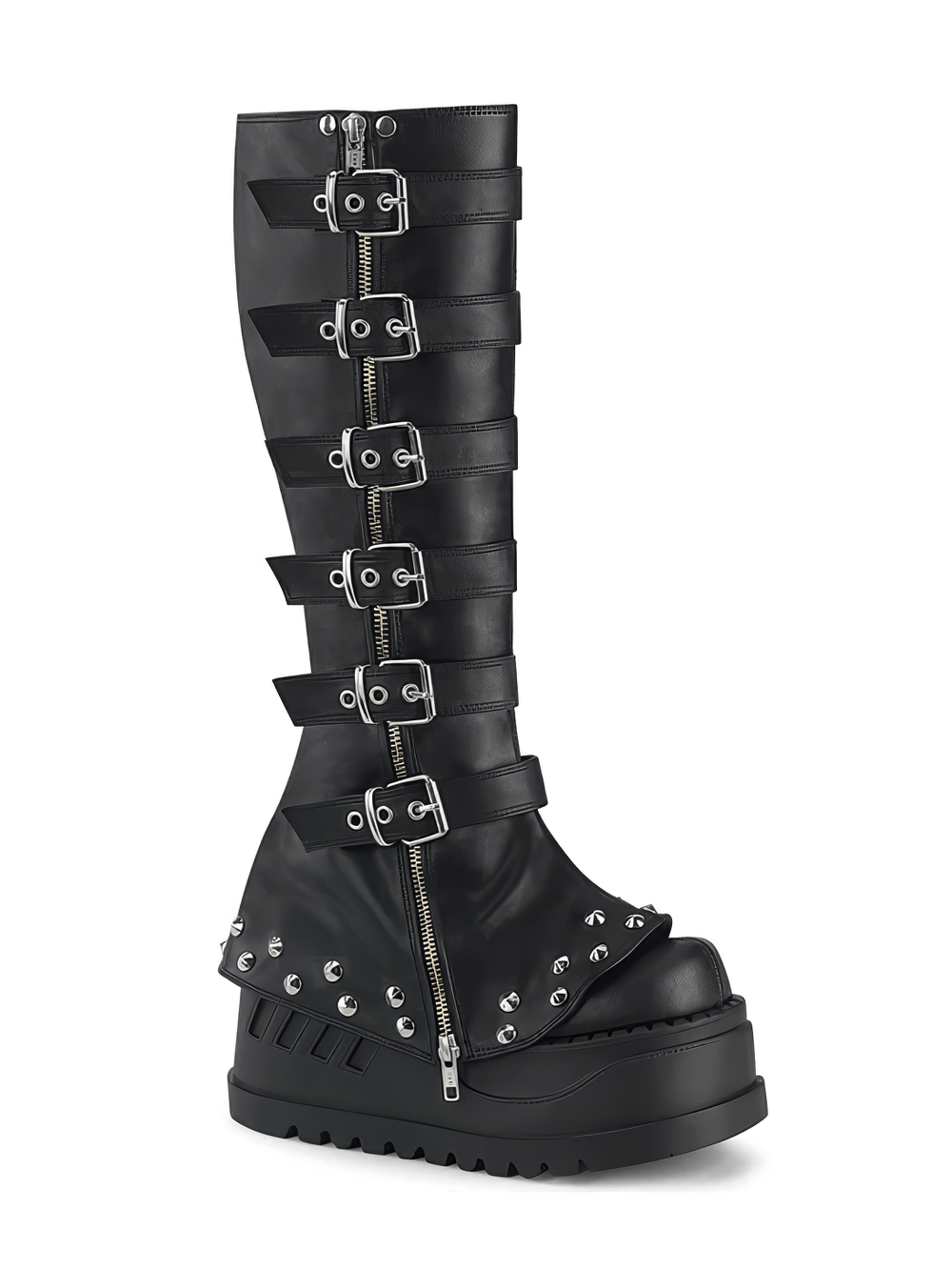 Demonia women's knee high boots with buckles, studs, and unique draped platform design.