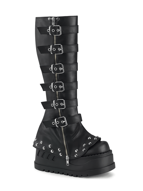 DEMONIA kniehohe Stiefel mit Schnalle und nietenbesetztem Schlagboden