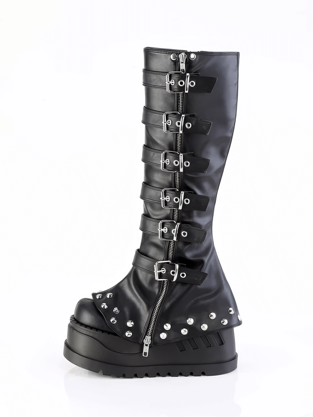 DEMONIA Buckled Knee High Boots with Studded Bell Bottom