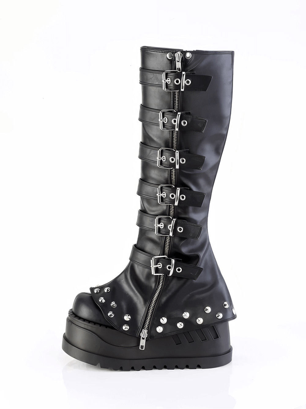 Stylish DEMONIA knee high boots with decorative buckles, cone studs, and a unique wedge heel for edgy fashion.