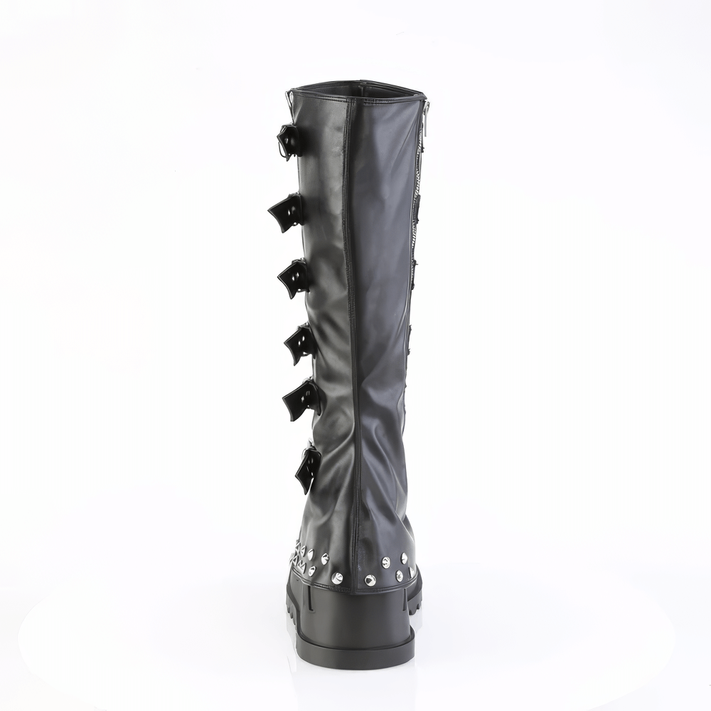 DEMONIA Buckled Knee High Boots with Studded Bell Bottom