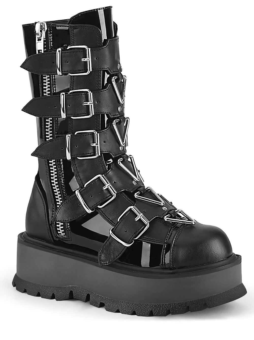 DEMONIA Buckled Triangle Rings Mid-Calf Boots