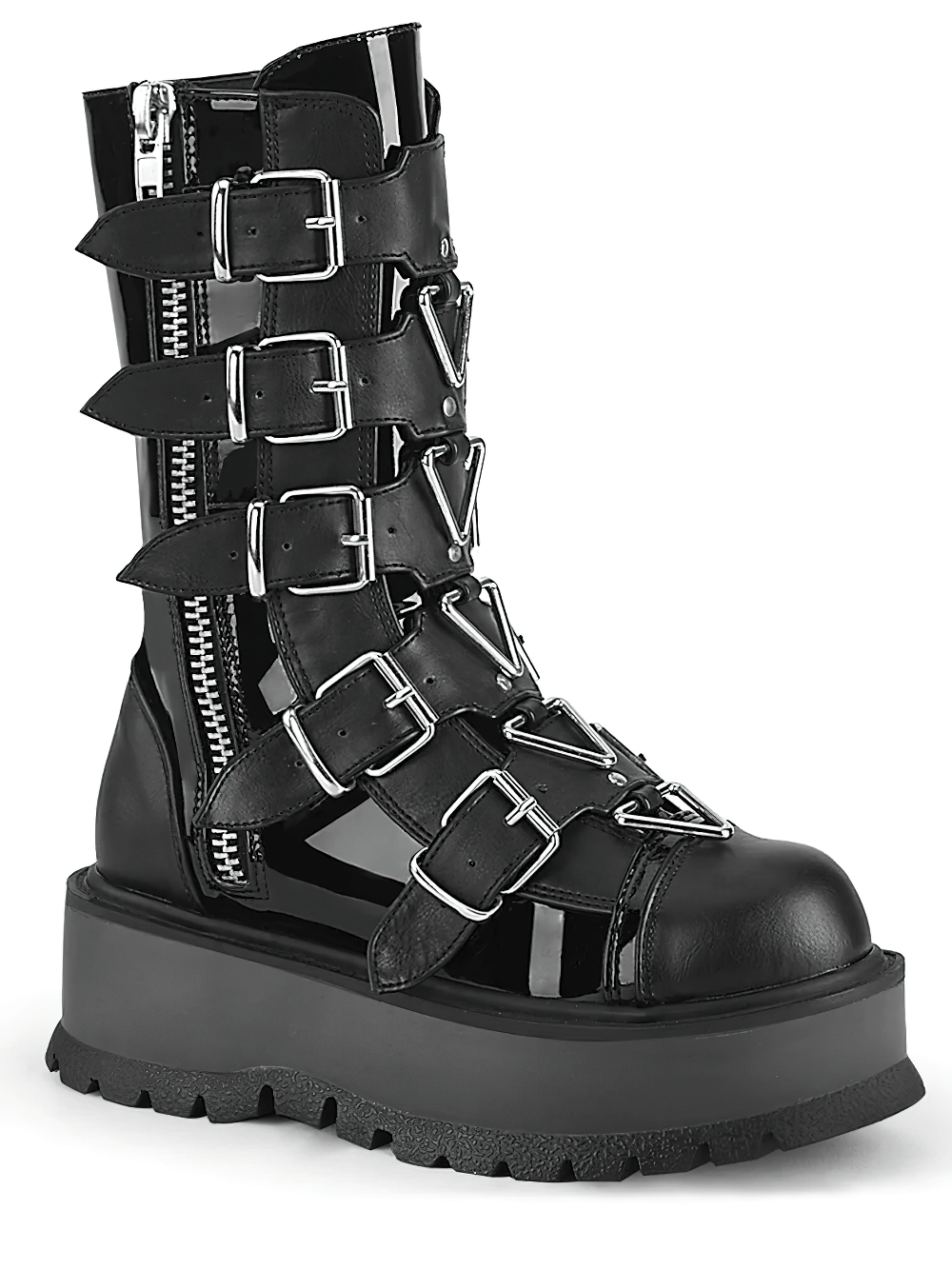 Demonia Buckled Triangle Rings Mid-Calf Boots with platform and glossy patent-vegan leather, featuring adjustable straps.