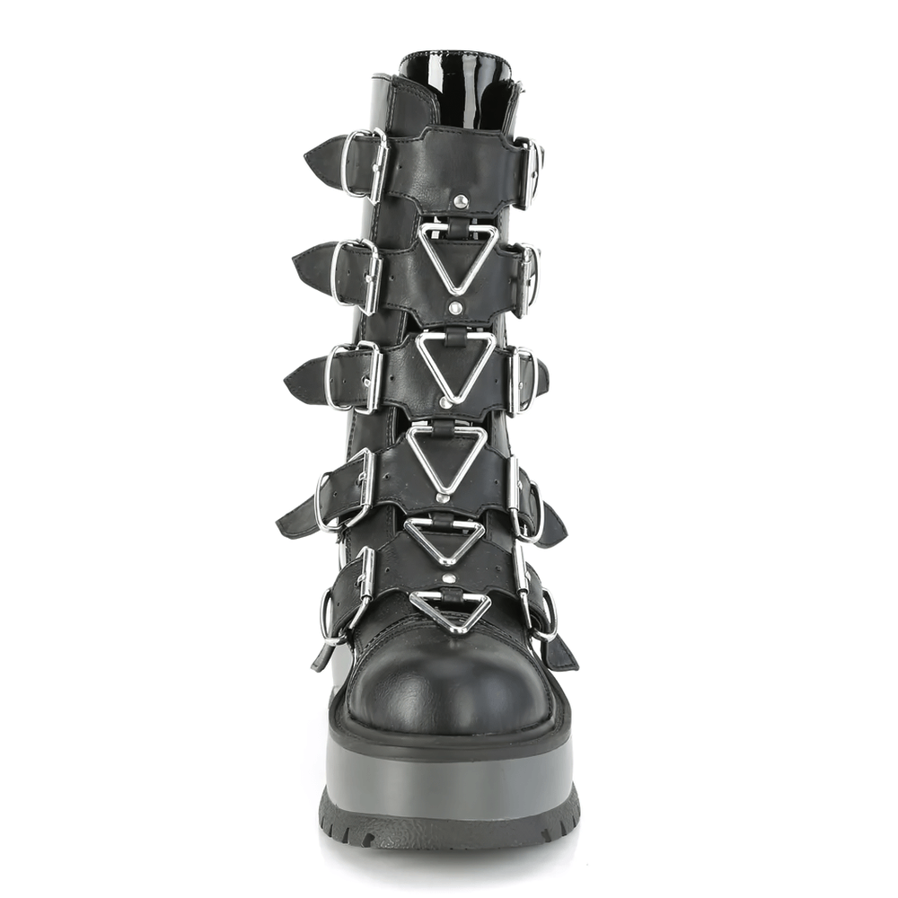 DEMONIA Buckled Triangle Rings Mid-Calf Boots