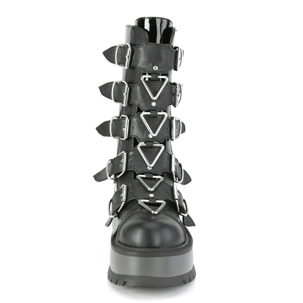 Demonia Mid-Calf Boots featuring adjustable buckle straps and triangle rings, perfect for an industrial edge style.