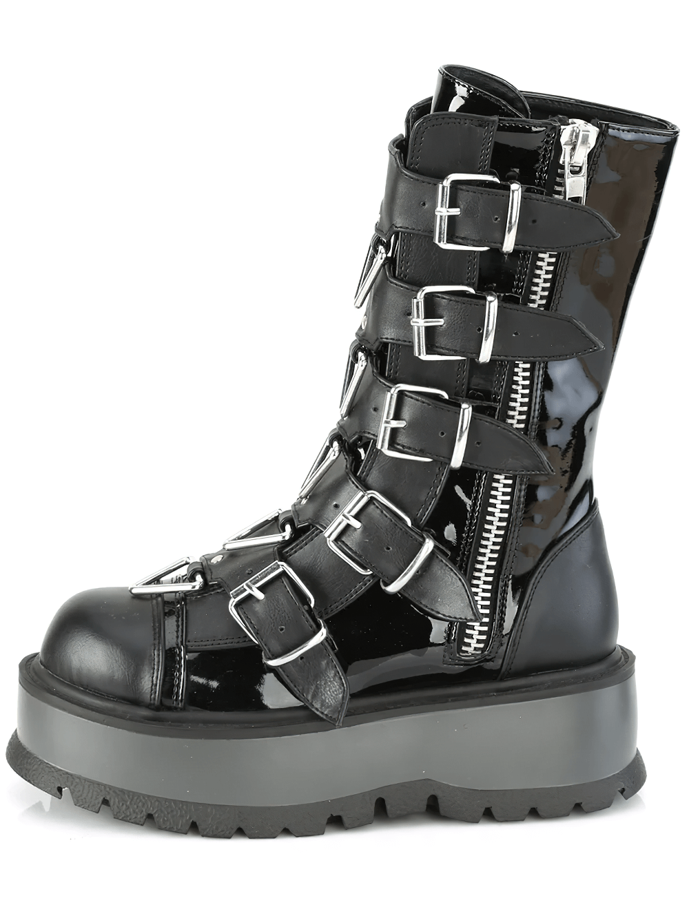 Demonia Buckled Triangle Rings Mid-Calf Boots in glossy black patent leather with adjustable straps and platform sole.