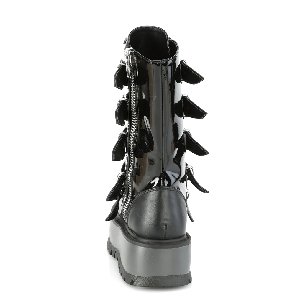 Back view of DEMONIA Buckled Triangle Rings Mid-Calf Boots with glossy patent finish and adjustable buckle straps.