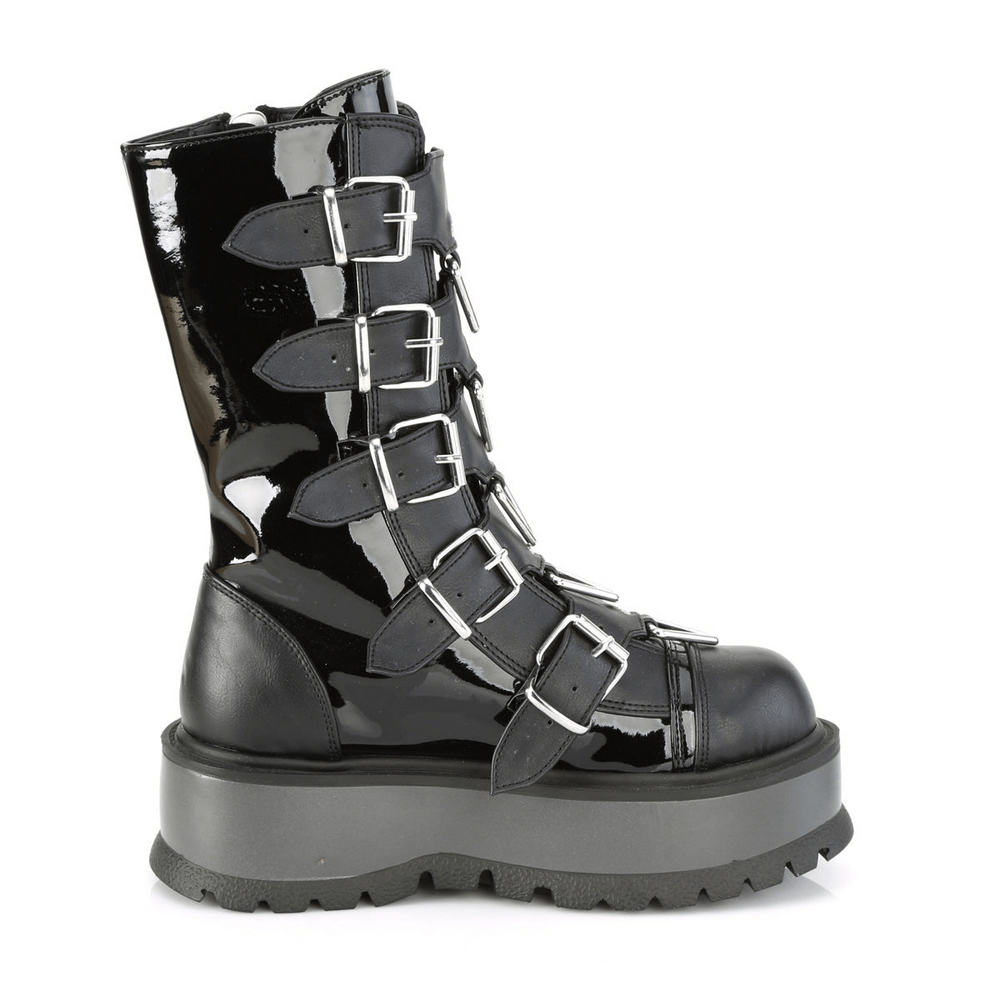 Demonia Buckled Triangle Rings Mid-Calf Boots in glossy black patent vegan leather with platform sole and buckle straps.