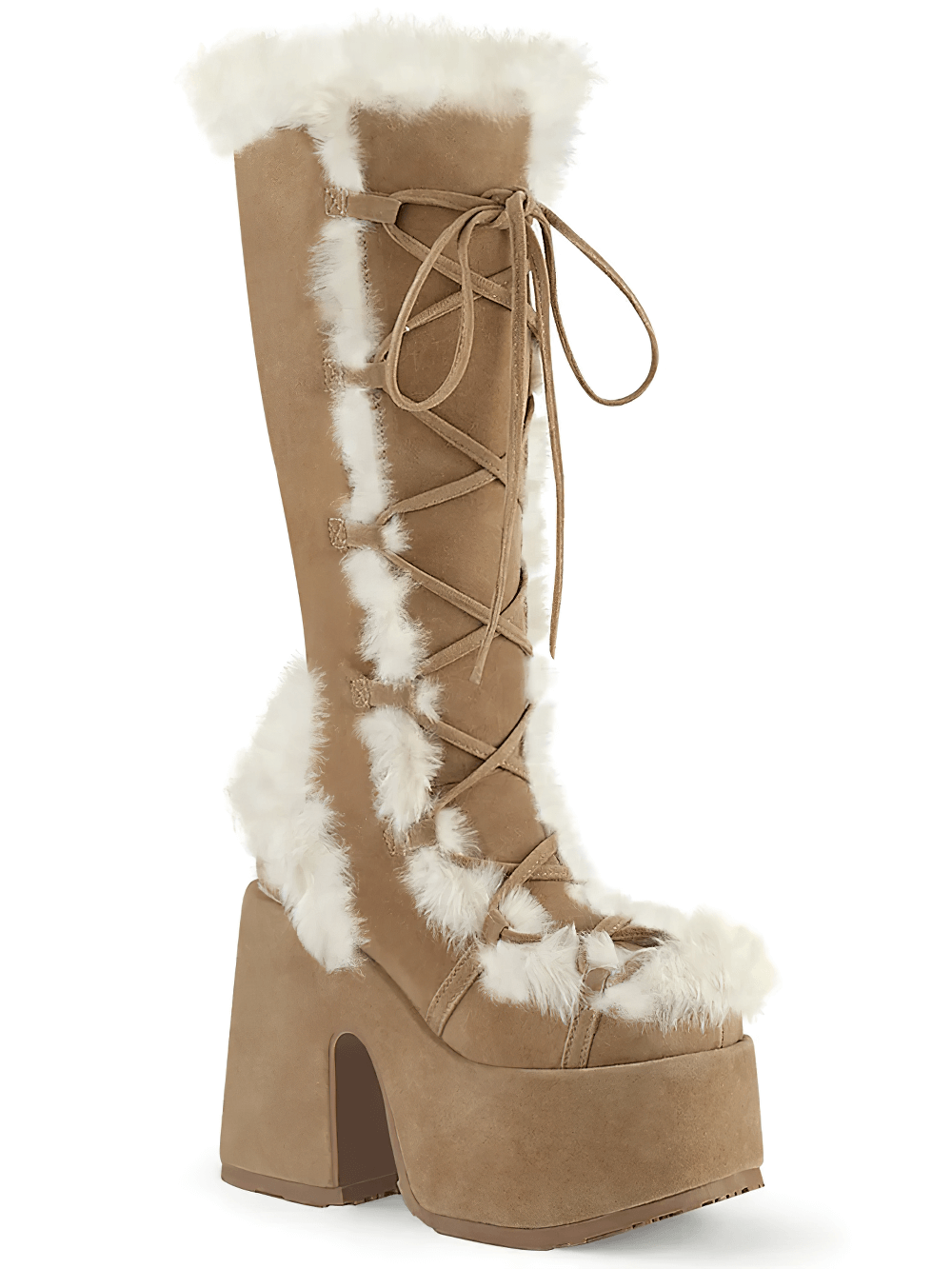 Demonia Camel Vegan Suede Lace-Up Knee-High Boots with Faux Fur Trim and Chunky Platform Heel
