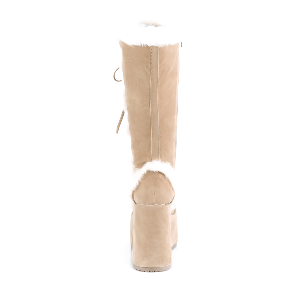 Back view of DEMONIA Camel Vegan Suede Lace-Up Knee-High Boots with plush faux fur trim and high heel.