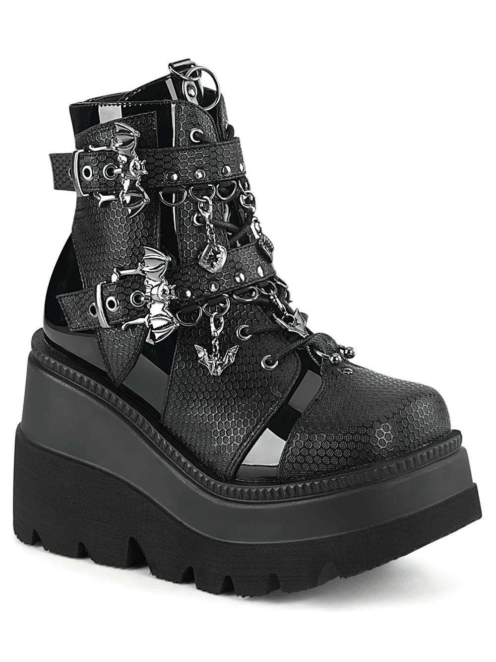 DEMONIA Chained Platform Boots with Bat Buckle Details