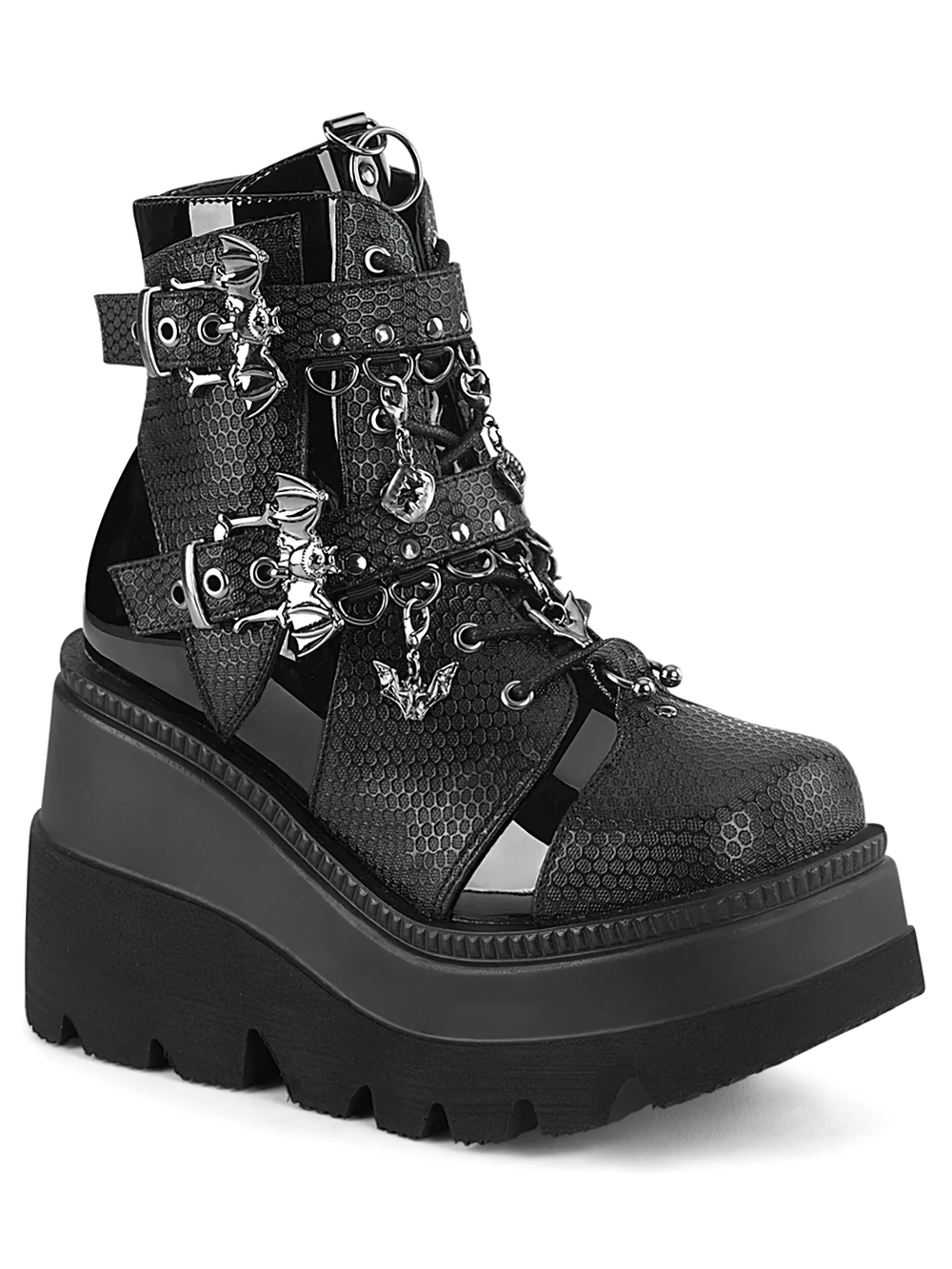 Vibrant black Demonia platform ankle boots featuring bat buckles and edgy charm details.
