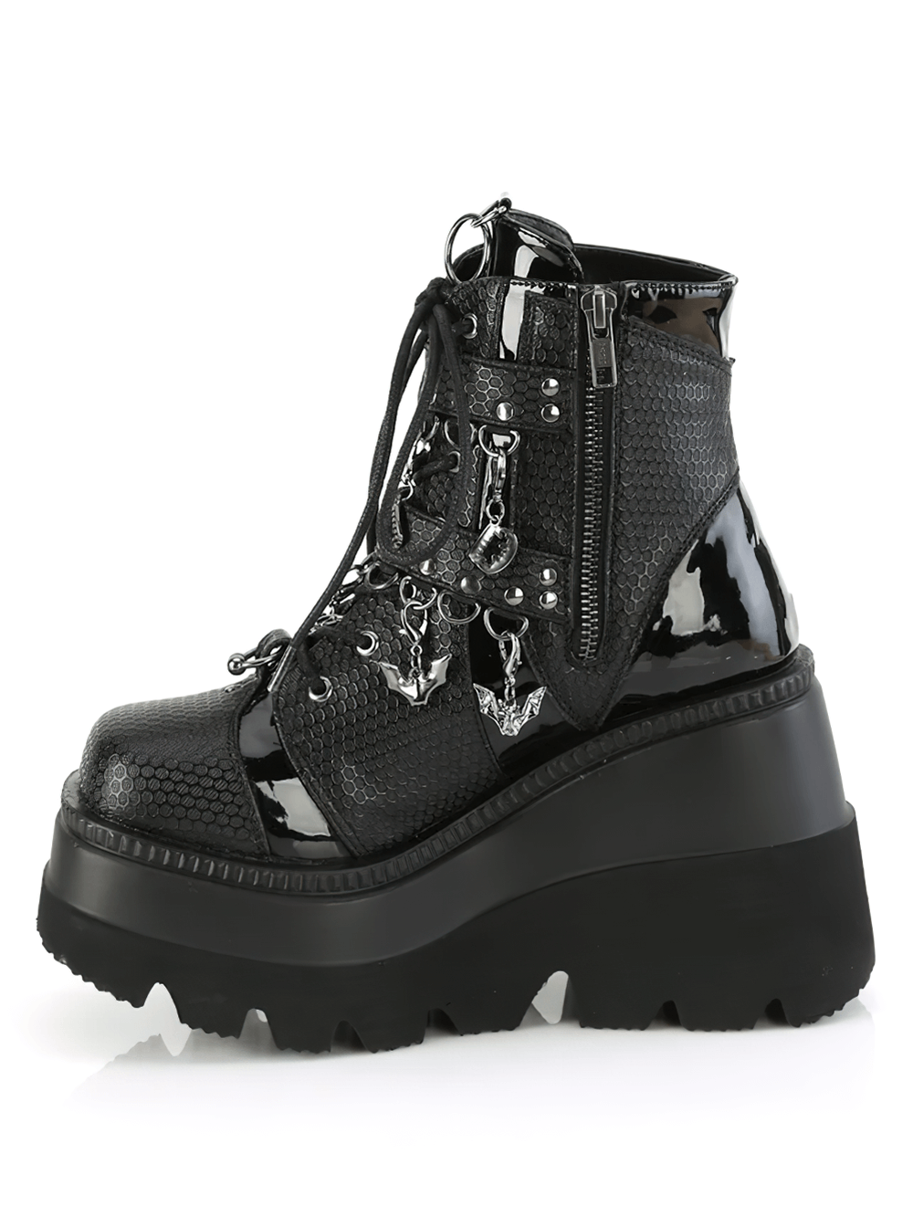 Edgy black platform ankle boots with bat buckles and a high wedge for a bold statement.