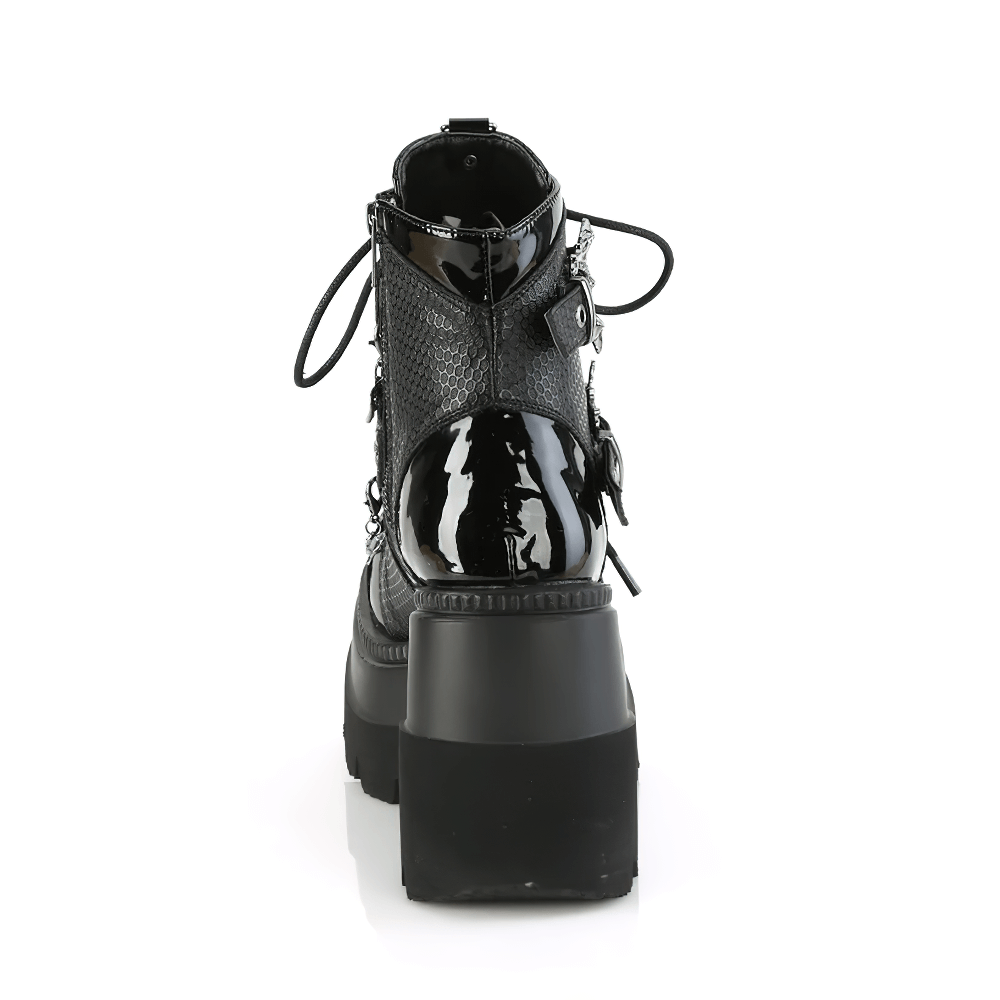 Back view of DEMONIA black chained platform boots with bat charm details and ankle lacing.