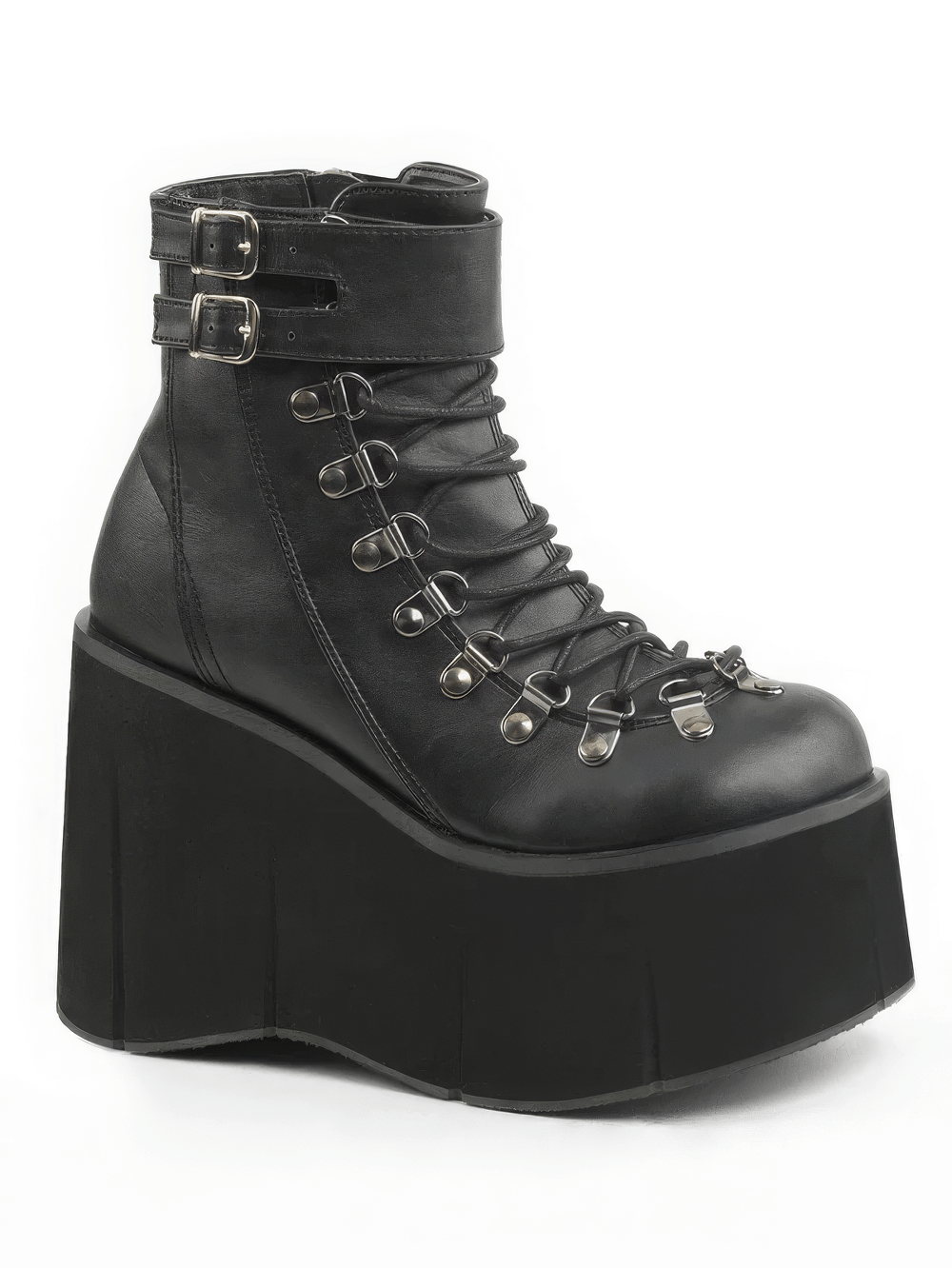 Demonia black faux lace-up ankle boots with cuff and platform, perfect for gothic and edgy outfits.