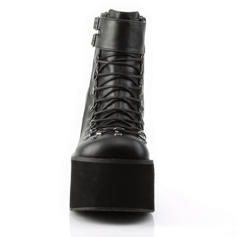 Demonia black faux lace-up ankle boots with cuff and side zip, featuring a high platform for edgy style.