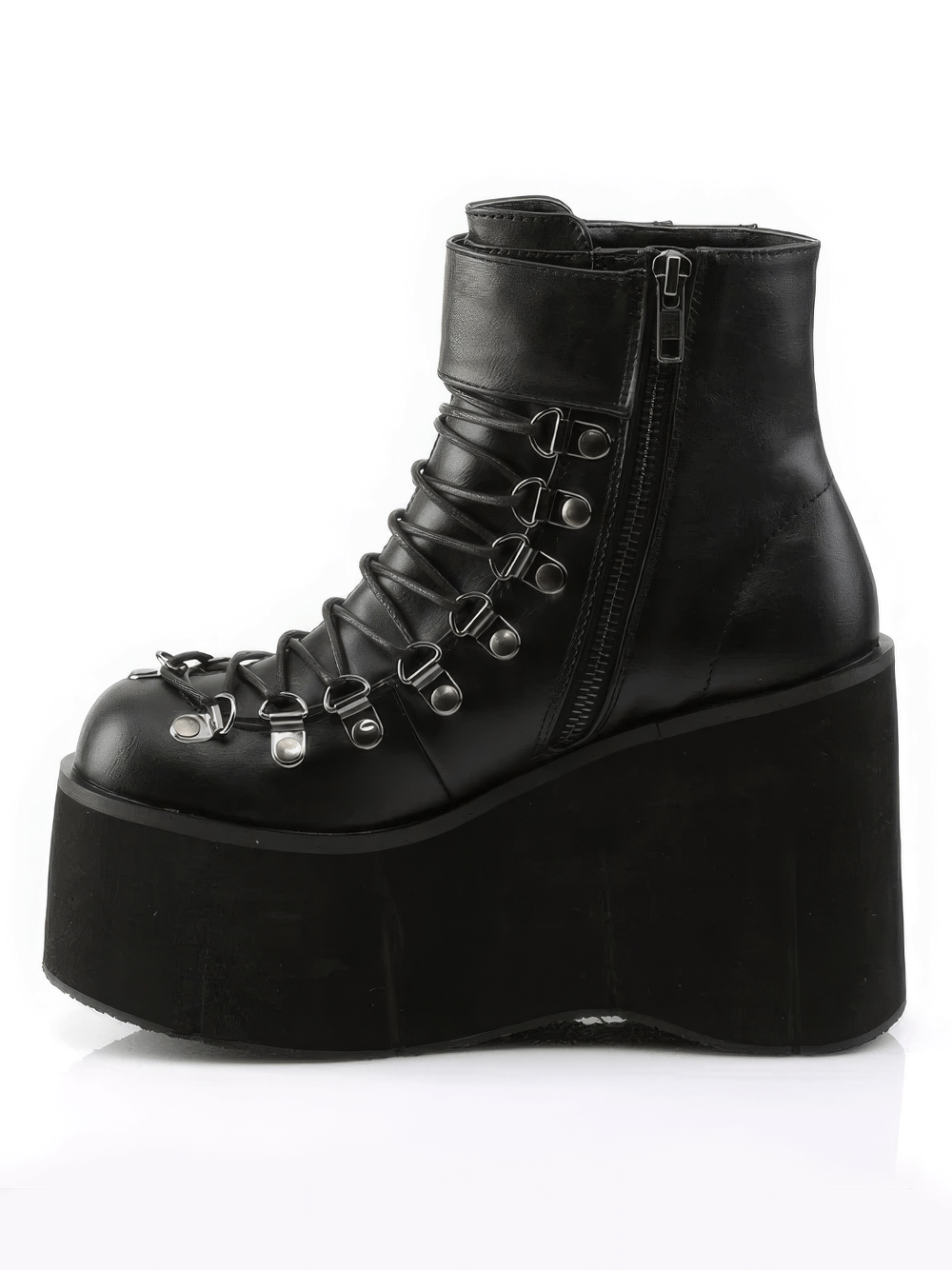 Demonia black faux lace-up ankle boots with cuff, featuring side zip and 4.5-inch platform for bold gothic style.