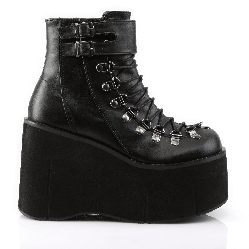 Chic black faux lace-up ankle boots with cuff and platform, perfect for edgy and goth-inspired outfits.
