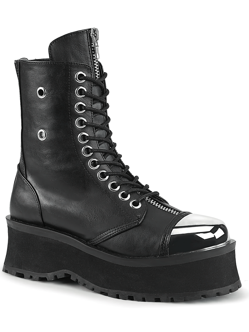 Gothic lace-up platform boots with metallic chrome cap toe and back zip, perfect for urban adventures.
