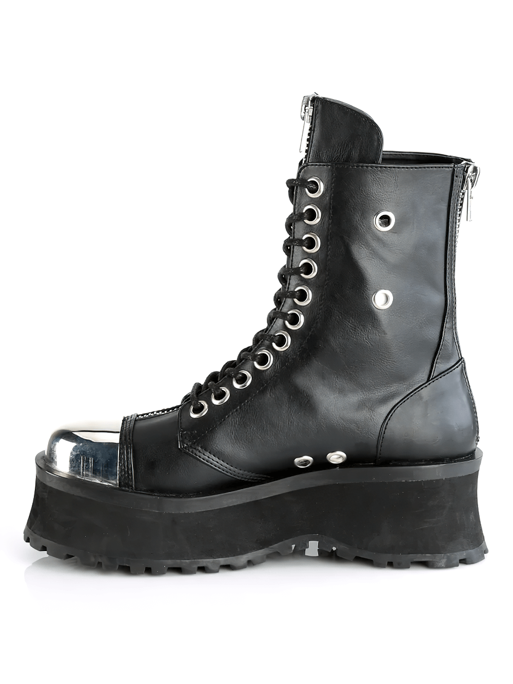 Demonia chrome cap toe lace-up platform gothic boots in black with metallic toe and back zip.