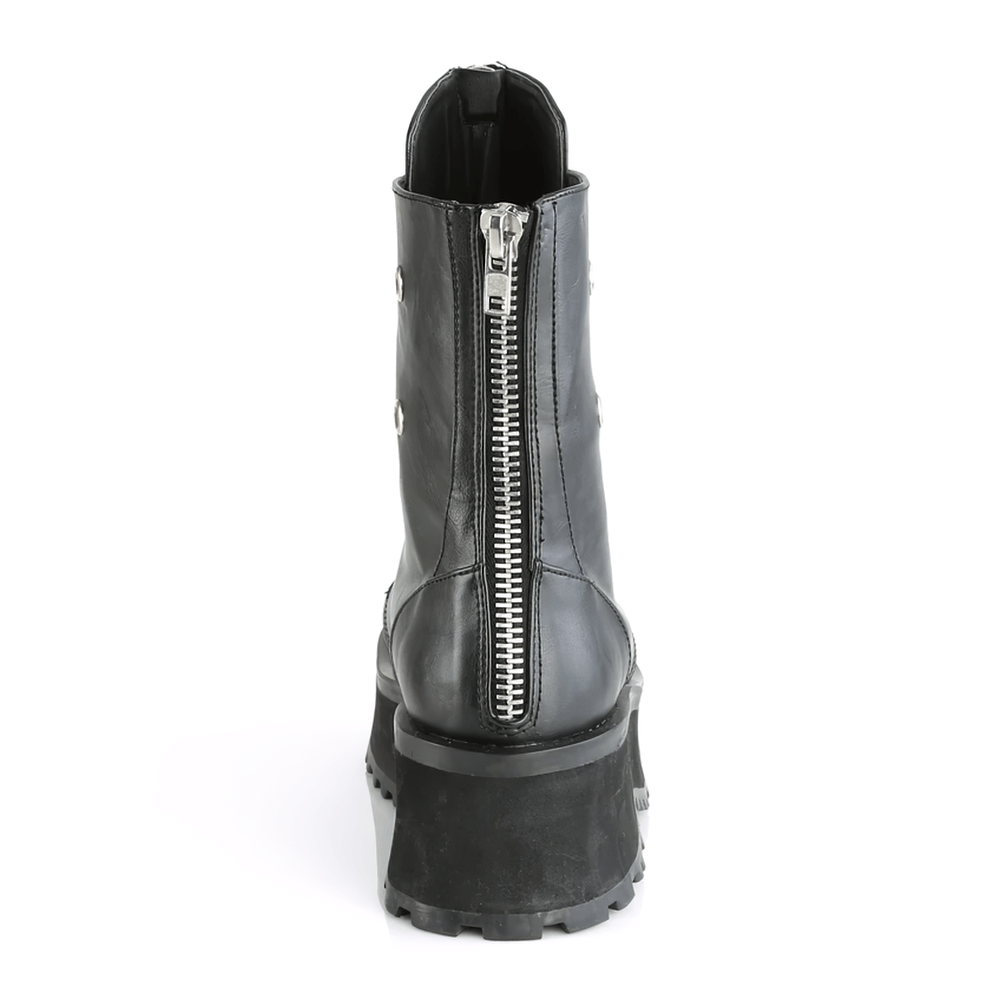 Back view of DEMONIA chrome cap toe lace-up platform gothic boots with metal zip detail