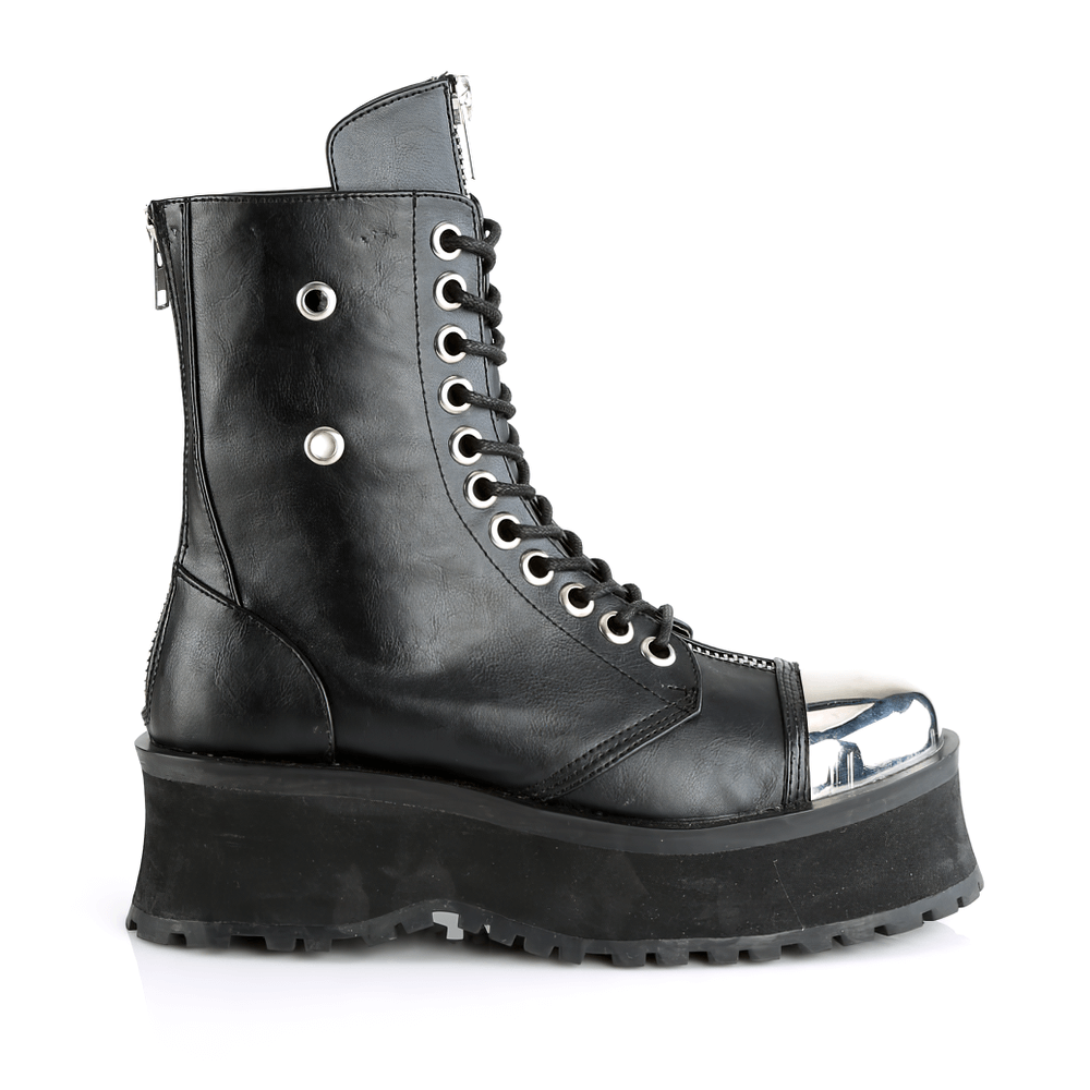 Demonia lace-up platform gothic boots with chrome cap toe and back zip, featuring a 2 3/4 inch platform.