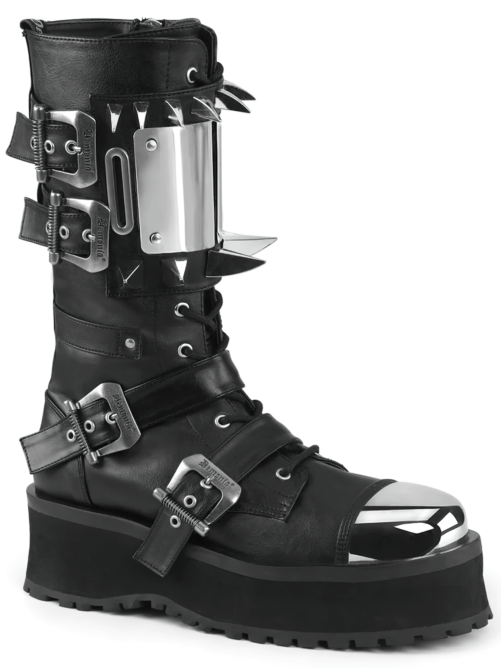 Demonia Chrome Claw Spike mid-calf boots featuring buckles and metallic toe cap, perfect for a bold rockstar style.